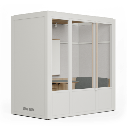 The acoustic meeting pod by Room can accommodate four people for inspiring ideas and negotiation in full privacy and focus - front view - white - white background.