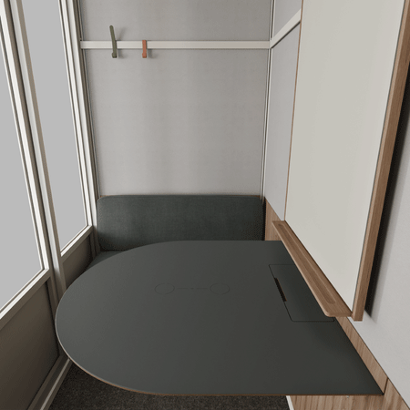 The acoustic meeting pod by Room can accommodate four people for inspiring ideas and negotiation in full privacy and focus - inside view - black table.