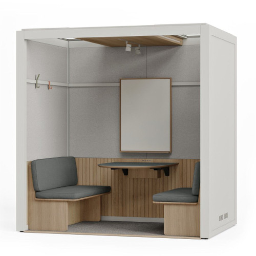 The acoustic booth designed by Room for meetings, brainstorming sessions and video conferences without any noise disruptions - right side view - white - white background.