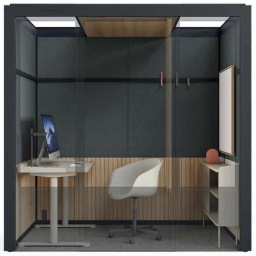 The acoustic pod engineered by Room for privacy and focus in an open space office - front view - black.