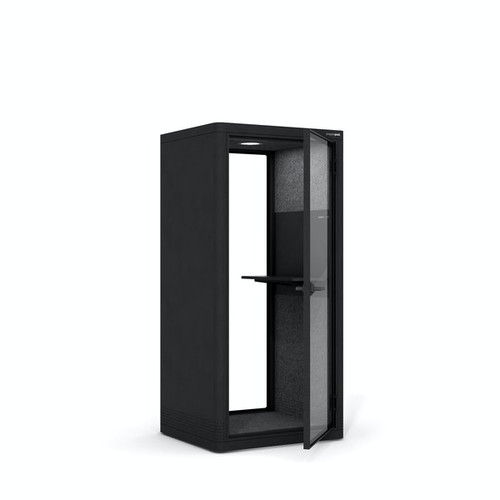 The built-it PoppinPod Om Stand represents a sustainable and energy efficient solution for office privacy - black - white background - door open - empty - left side view.