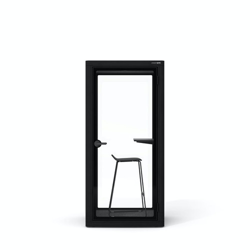 The built-it PoppinPod Om Stand represents a sustainable and energy efficient solution for office privacy - black - white background - door closed - with chair - front view.