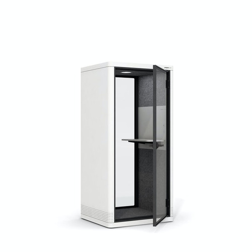The built-it PoppinPod Om Stand represents a sustainable and energy efficient solution for office privacy - white - white background - door open - empty - left side view.