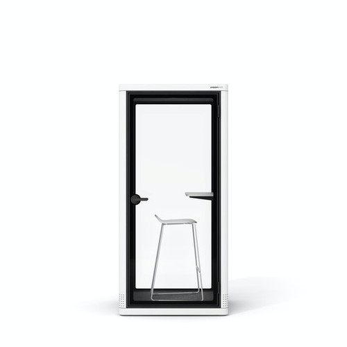 The built-it PoppinPod Om Stand represents a sustainable and energy efficient solution for office privacy - white - white background - with chair - door closed - front view.