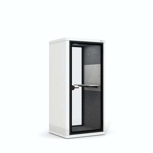 The built-it PoppinPod Om Stand represents a sustainable and energy efficient solution for office privacy - white - white background - empty - door closed - left side view.