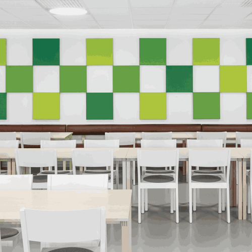 Abstracta Soneo Soundproof Wall Panel provides a simple, easy and versatile solution for noisy office spaces - green hues.