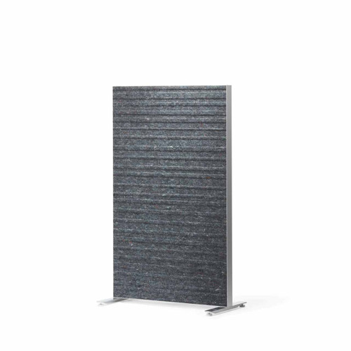 The Alumi acoustic screen adds a playful touch to space partitioning - from left to right: black and white strips panel, horizontal lines white panel and horizontal lines light grey panel - front view - on white background.