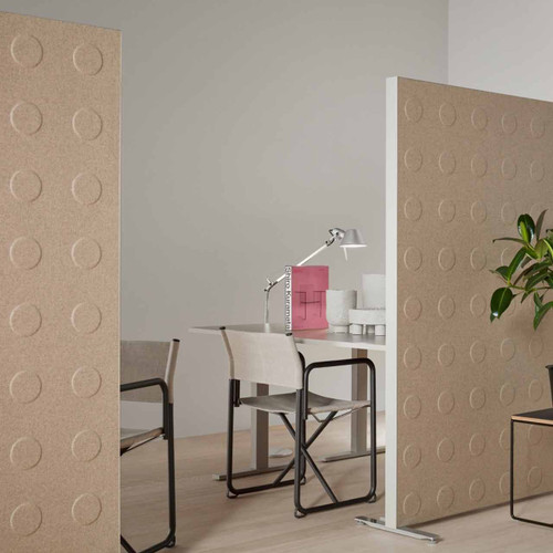 The Alumi acoustic screen adds a playful touch to space partitioning - circle pattern light brown panels - front view - in office.