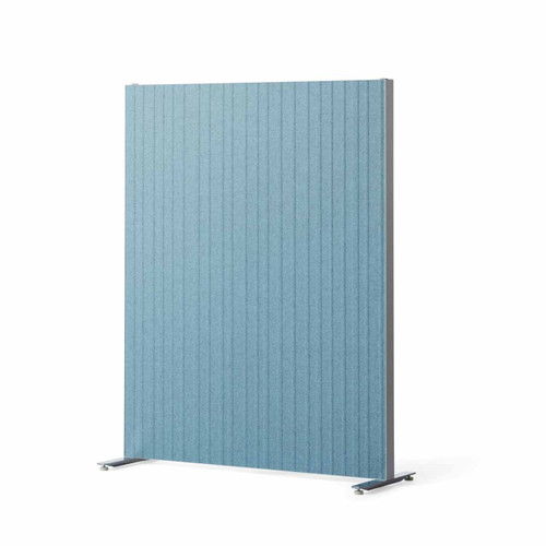 The Alumi acoustic screen adds a playful touch to space partitioning - vertical lines blue panel - front view - on white background.