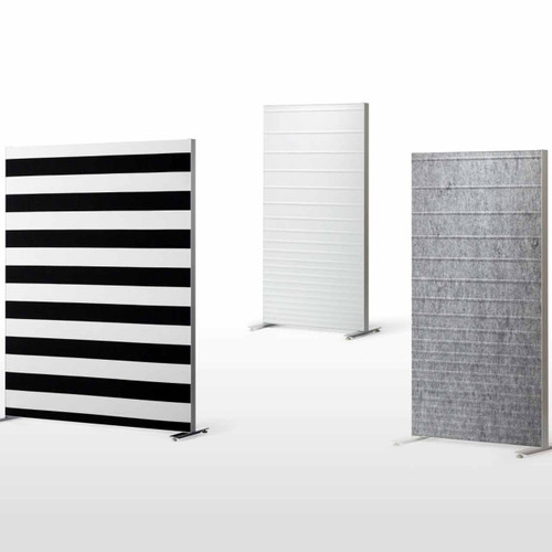 The Alumi acoustic screen adds a playful touch to space partitioning - from left to right: black and white strips panel, horizontal lines white panel and horizontal lines light grey panel - front view - on white background.