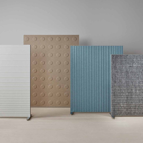 The Alumi acoustic screen adds a playful touch to space partitioning - from left to right: horizontal lines white panel, circle pattern light brown divider, vertical lines blue screen and horizontal lines grey panel - front view - in office.