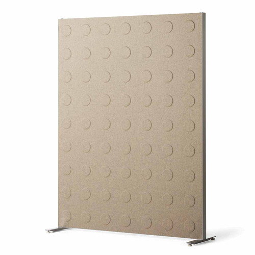 The Alumi acoustic screen adds a playful touch to space partitioning - circle pattern light brown panels - front view - in office.
