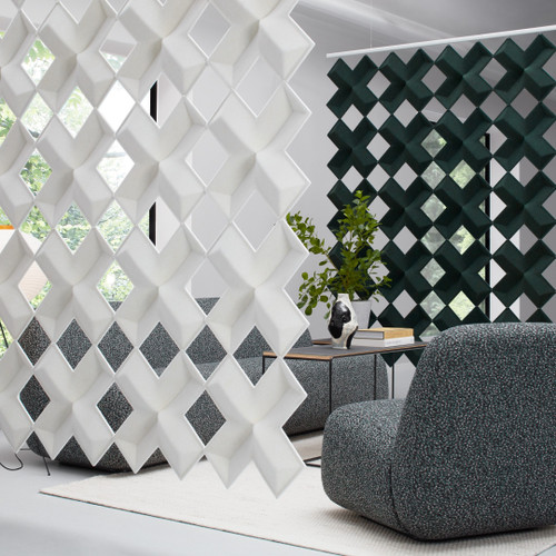 Created by Stefan Borselius for Abstracta, the Air-X screens are inspired by graphics and symmetries found in nature - white and dark green panels - front view - in office.