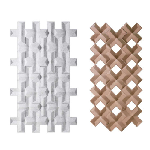 Created by Stefan Borselius for Abstracta, the Air-X screens are inspired by graphics and symmetries found in nature - grey and light brown panels -  front view - on white background.