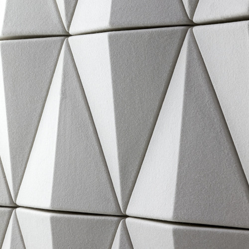 The Bits Wall by Abstracta transforma style into an acoustic formula for noise absorption and echo prevention  - white panels - details view.