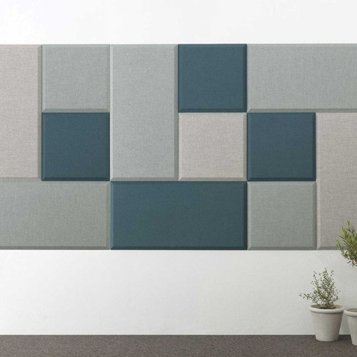 The Domo sound absorbing by Abstracta provides countless creative configurations for you to author your own acoustic art - blue and grey panels - front view - in office.