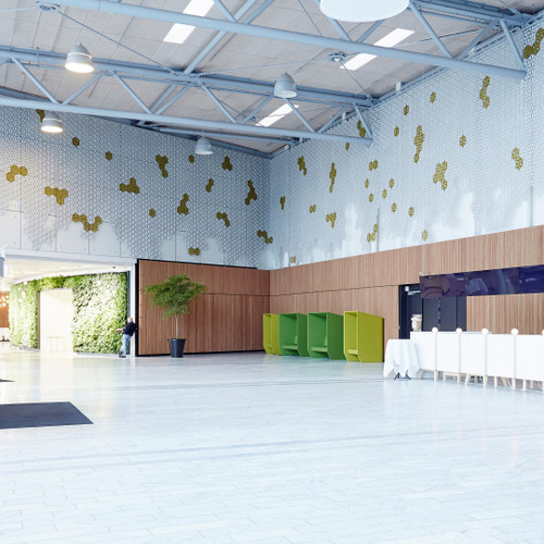 The Abstracta Airflake acoustic screen introduces functionality in style - yellow and white open blade panels - whole wall view - in office.