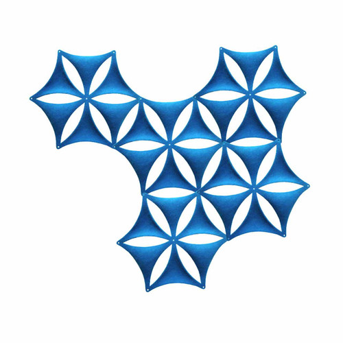 The Abstracta Airflake acoustic screen introduces functionality in style - blue open blade panels - white background
