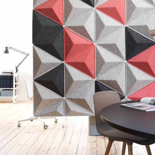 Abstracta Aircone acoustic screen truly demonstrates its sound absorbing performance under the challenge of an open office buzz - blue, black, white and grey - front view - in office.