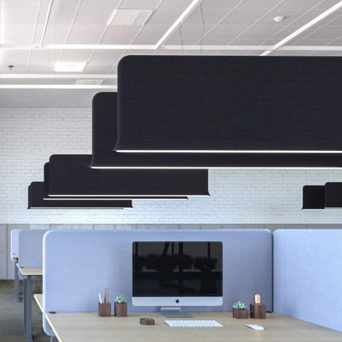 Abstracta Trumpet Lamp with Sound Absorber with LED light and uplight/downlight or dual-sided illumination - black lights in a row - downlight - front view - in office.