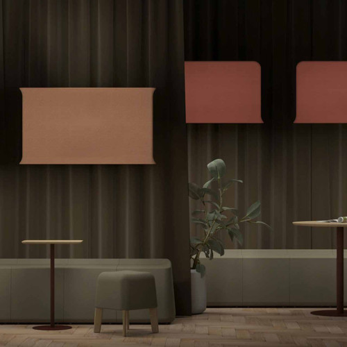 Abstracta Trumpet Lamp with Sound Absorber with LED light and uplight/downlight or dual-sided illumination - orange and dark orange lights - both side lights and downlight - front view - in office.