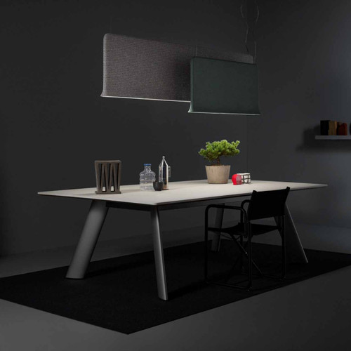 Abstracta Trumpet Lamp with Sound Absorber with LED light and uplight/downlight or dual-sided illumination - grey and green - downlight - side view - in office.