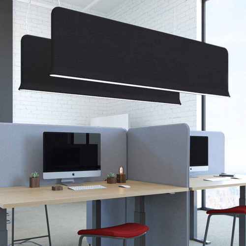 Abstracta Trumpet Lamp with Sound Absorber with LED light and uplight/downlight or dual-sided illumination - black medium size - downlight - front view - on white background.