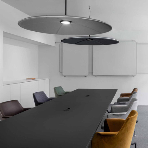 Abstracta Lily Acoustic Lamp and Sound Absorber with a dimmable LED light in the shape of lily water flowers - with lightning - white core - dark and light grey - side view - in office.