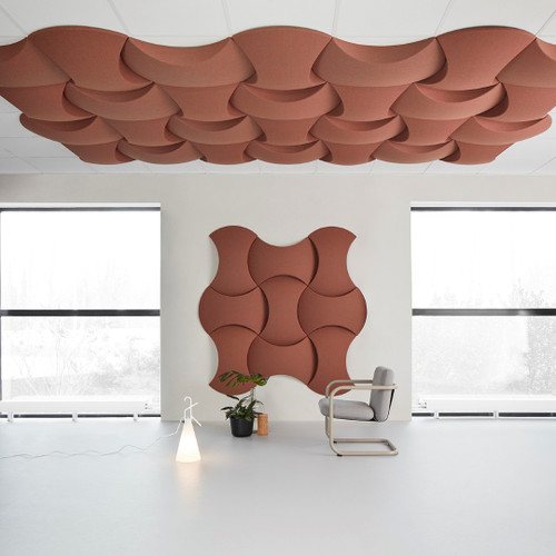 Abstracta Acoustic Sky Ceiling Panels are created using the modular technology that allows wasy personalisation - light brown - center - side view - in office.