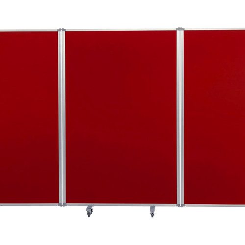Tri Screen Mobile Partition and Display System with Locking Casters - red - white background.