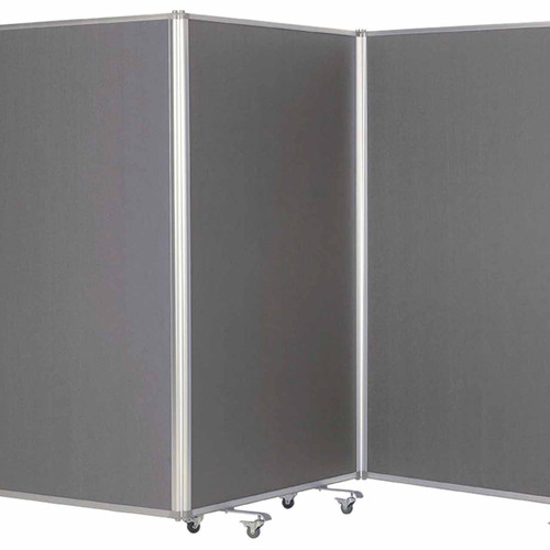 Tri Screen Mobile Partition and Display System with Locking Casters - grey - white background.
