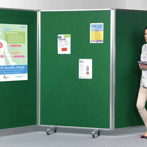 Tri Screen Mobile Partition and Display System with Locking Casters - green - in office.