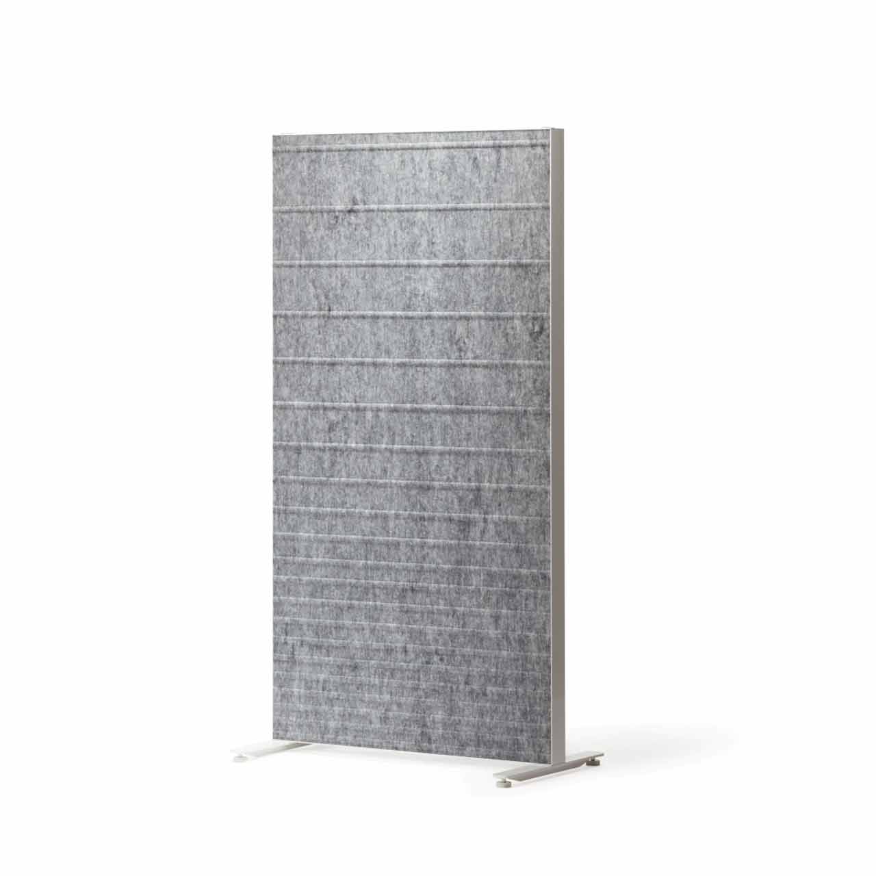 The Alumi acoustic screen adds a playful touch to space partitioning - horizontal lines light grey panel - front view - on white background.