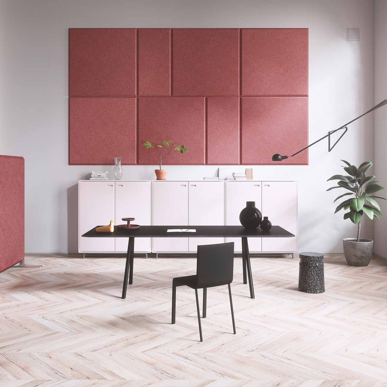 The Domo sound absorbing by Abstracta provides countless creative configurations for you to author your own acoustic art - pink and violet panels - front view - in office. logo