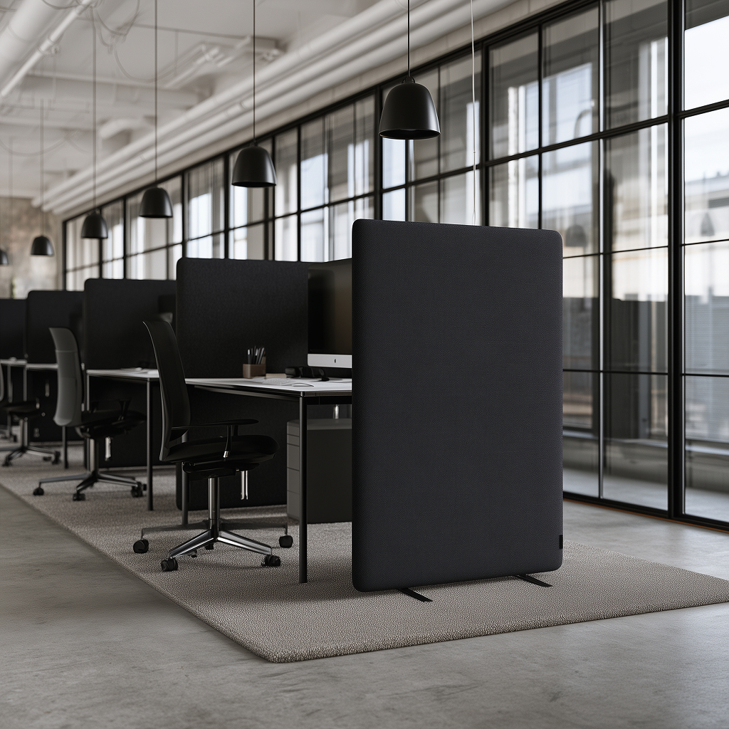Muffle 50 freestanding acoustic screen in black beside an office desk