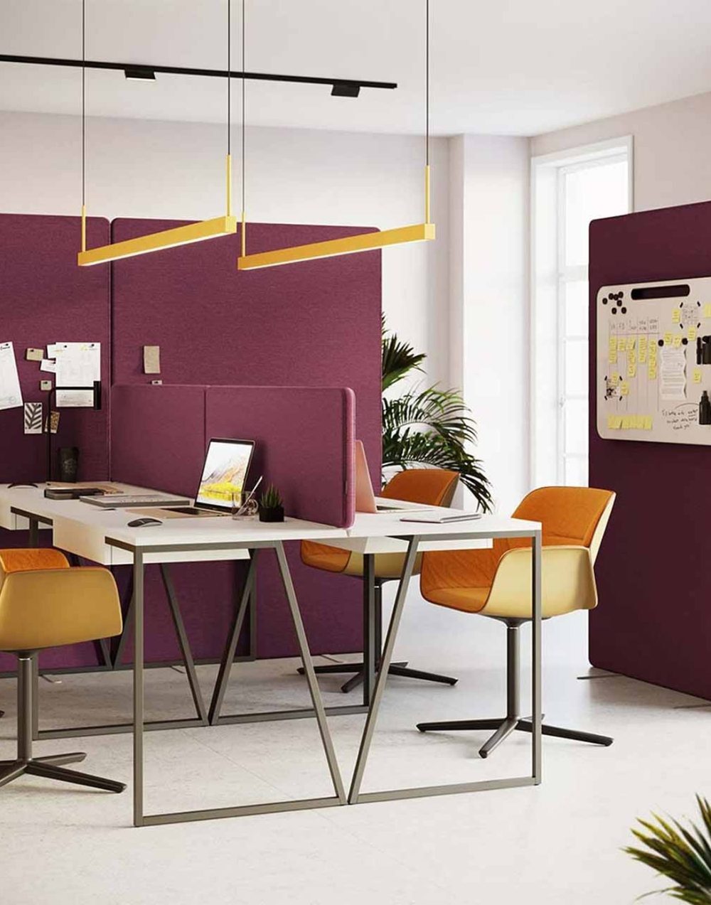 Purple Edge Fabric acoustic floor and desk screens in an office