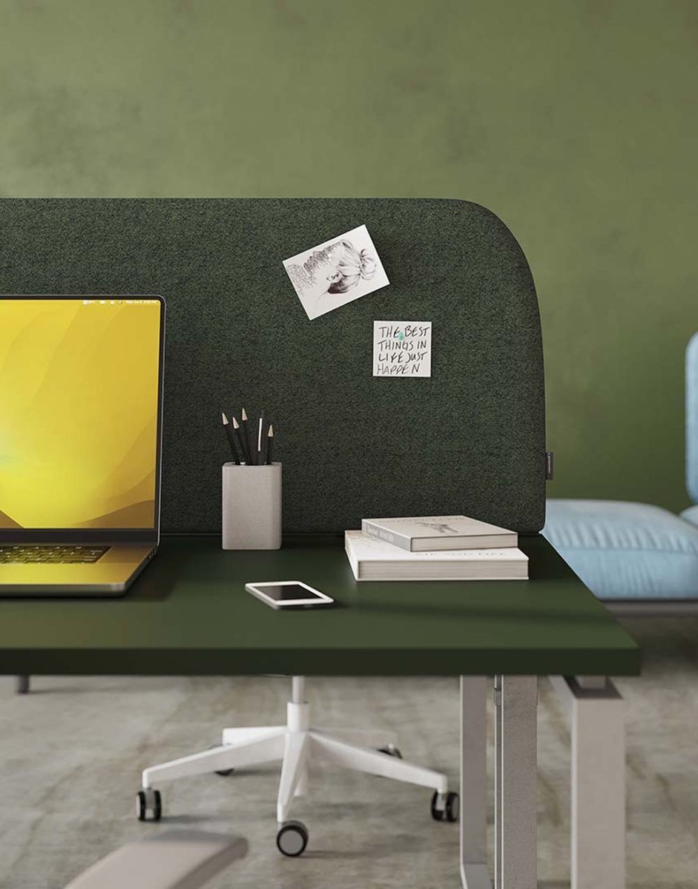 Green Hush acoustic desk screen on an office desk
