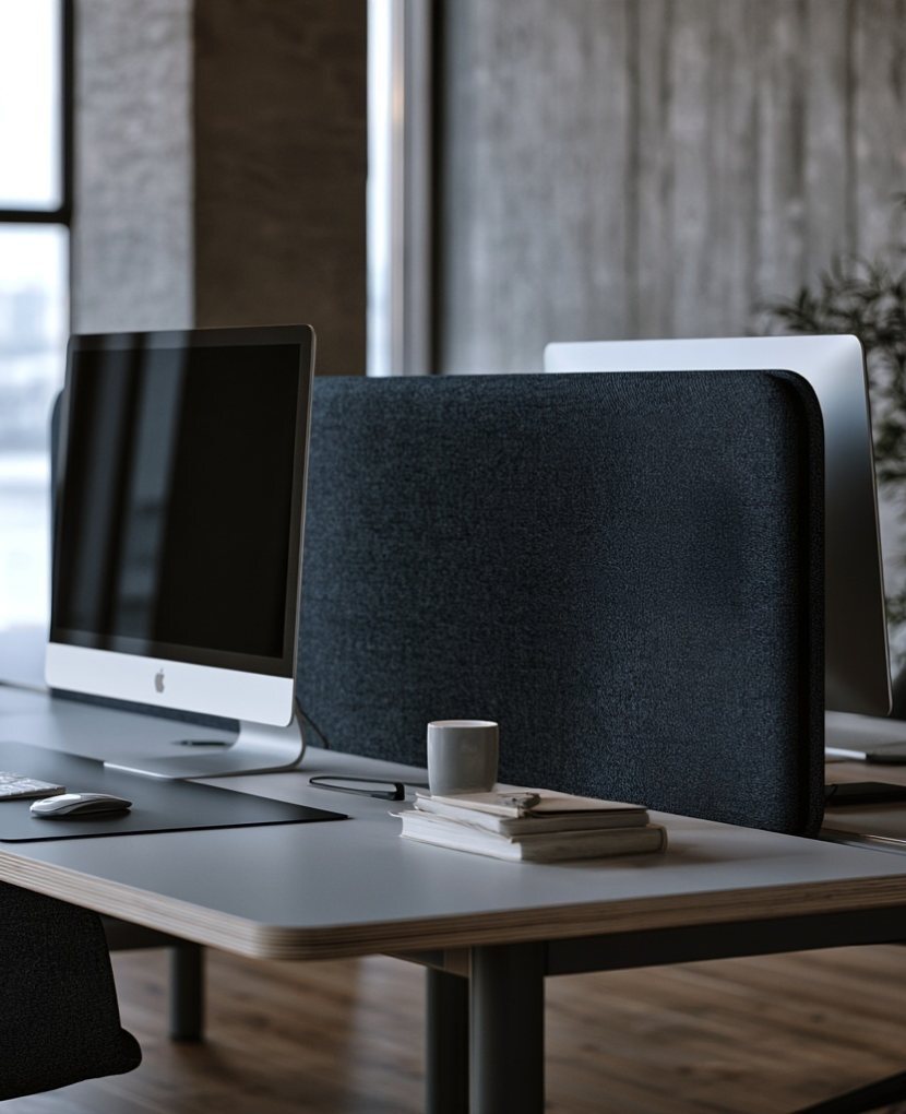 Premium acoustic desk screen in navy fabric between office monitors