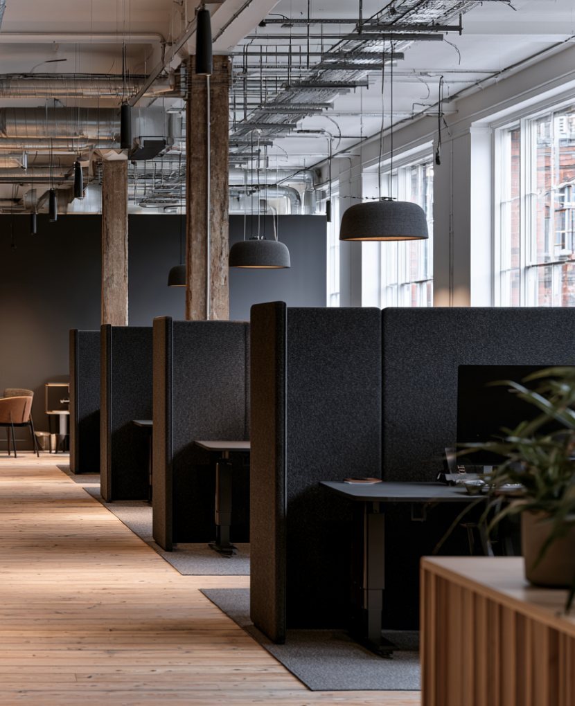 Rows of acoustic office cubicles in dark grey fabric