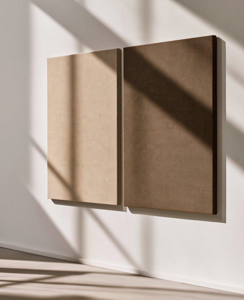 Acoustic wall panels in sand fabric on an office wall