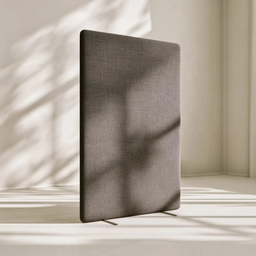 Grey fabric freestanding acoustic floor screen in a sunlit room