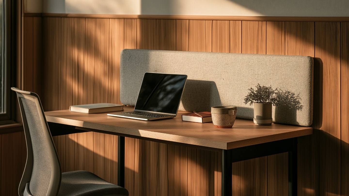 Grey fabric acoustic desk screen on a wooden desk with a laptop, in warm evening light