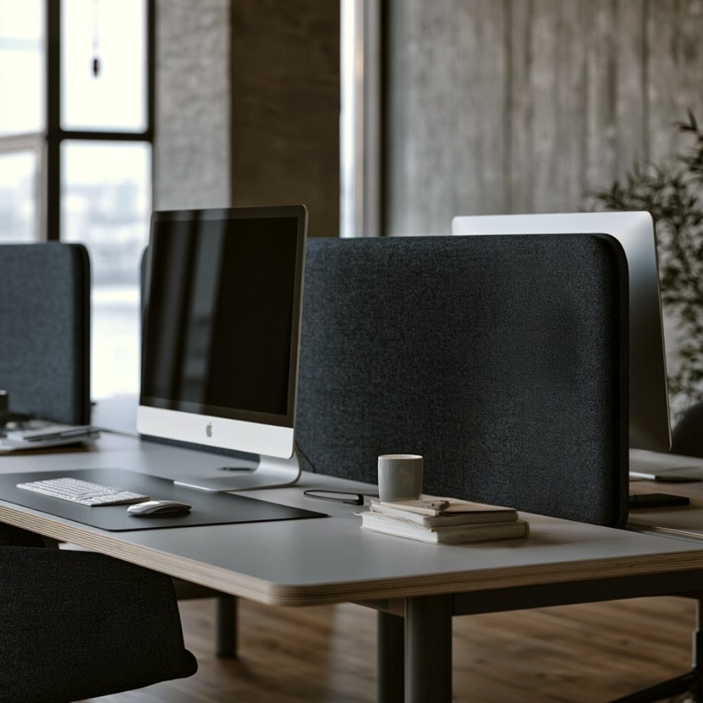 Dark acoustic desk dividers between shared desks