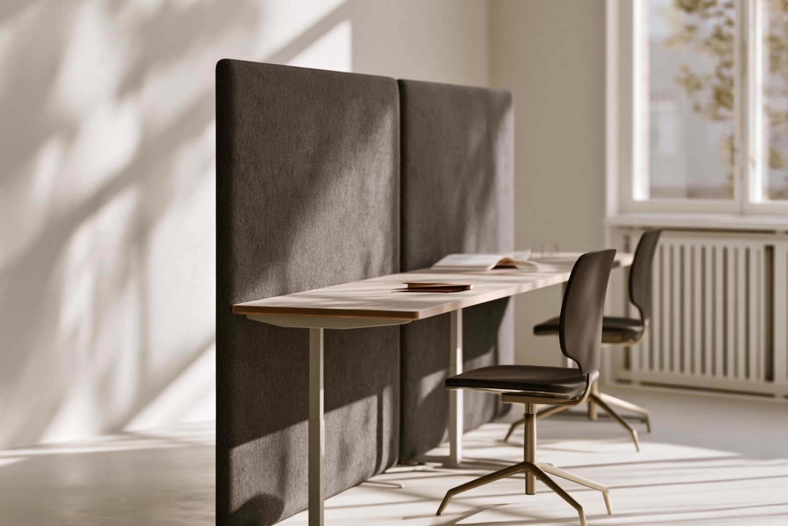 Freestanding acoustic screen dividing an open-plan office