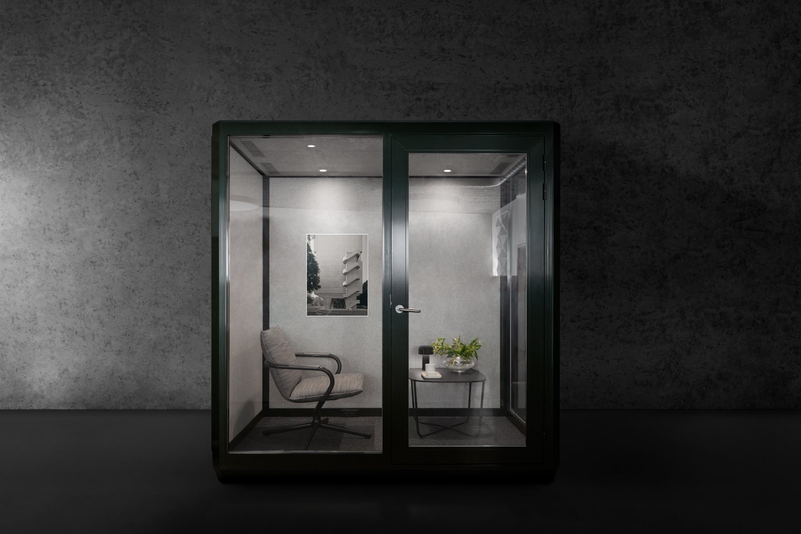 Glass-fronted acoustic office pod