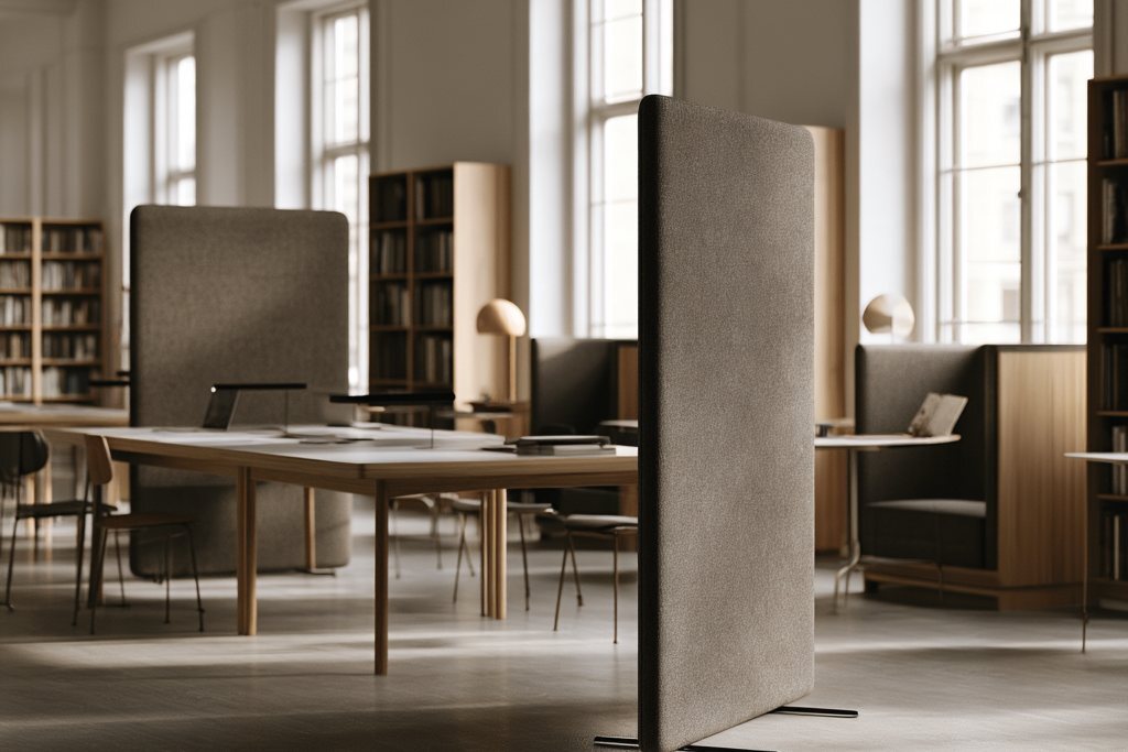 Acoustic screens dividing a library study area