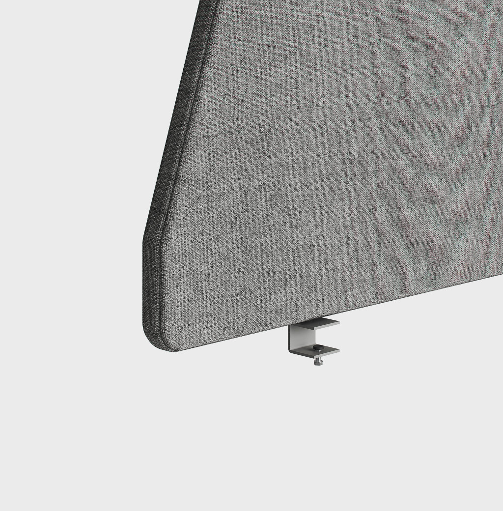 Close-up of a Delta 38 desk screen edge in grey fabric with a desk clamp