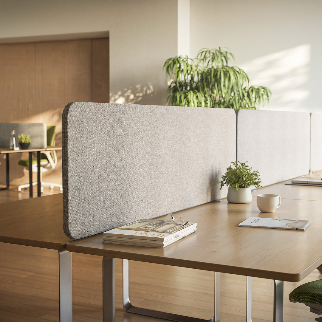 Sonus 25 pinnable fabric desk screens with rounded corners on office desks