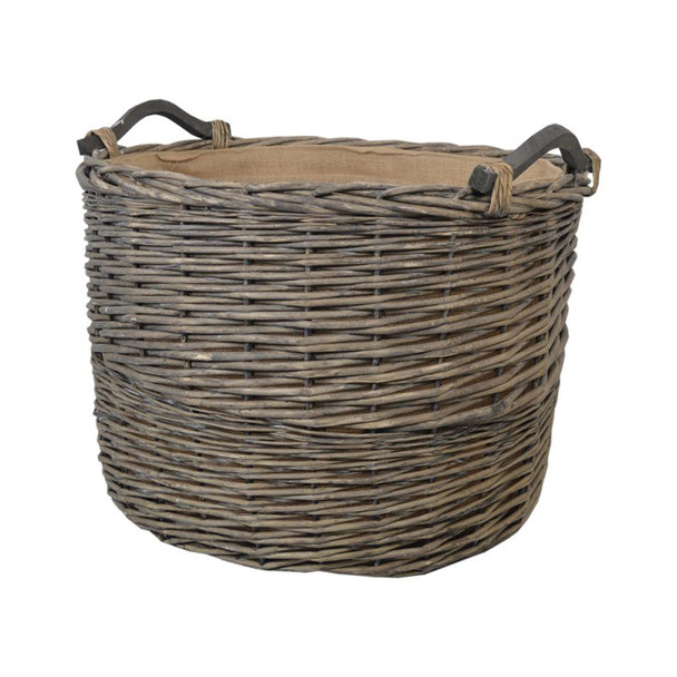 Oval Grey Wash Log Basket with Wooden Handles - X Large