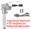 The Foredom right angle attachment is shown with a set of two wrenchs, collets and shank accessories. The right angle attachment will attach to the top of your handpiece.